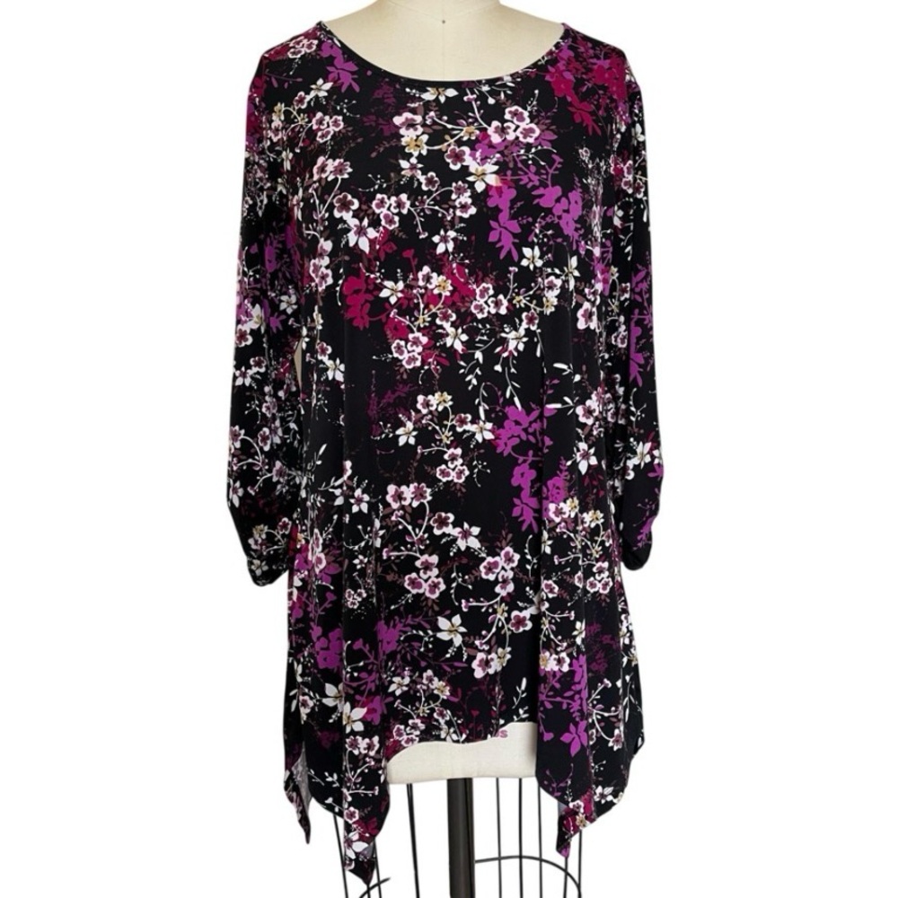 Ellen Weaver Floral Liquid Ruched Sleeve Tunic Top Black Purple Sharkbite Hem M